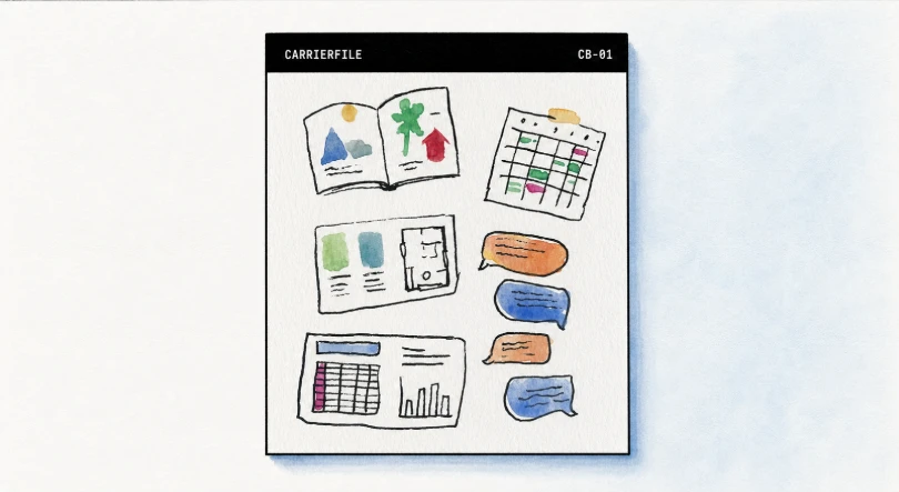 Watercolor illustration of a single page labeled CARRIERFILE, CB-01, holding a sketchbook, a calendar, a floor plan, a spreadsheet, and speech bubbles.